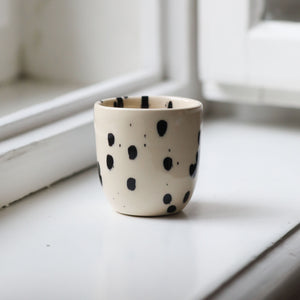 Stoneware espresso mug keeps heat well for espresso and ristretto macchiato in beige cream color black dots dotted handmade