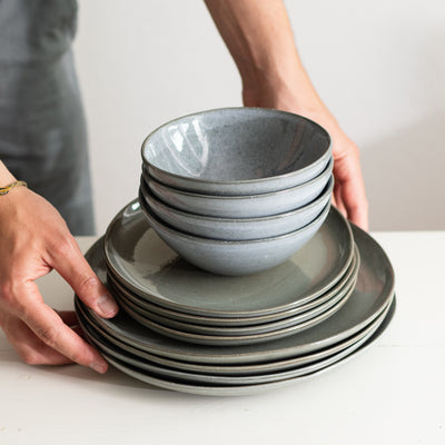 Tableware set stoneware gray blue green organic handmade Portugal Bowl plate