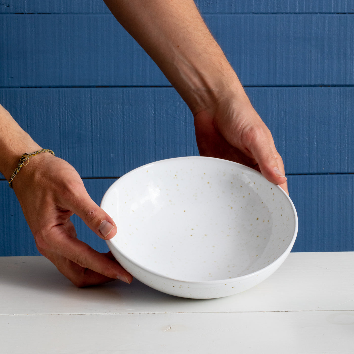 Large round pasta plate stoneware handmade white glaze with spots