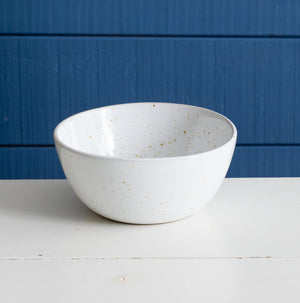 Main dish bowl for poke or curries in white glaze with golden speckles spots
