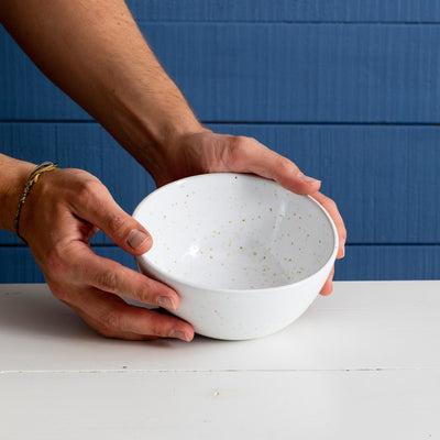 Main dish bowl for poke or curries in white glaze with golden speckles spots