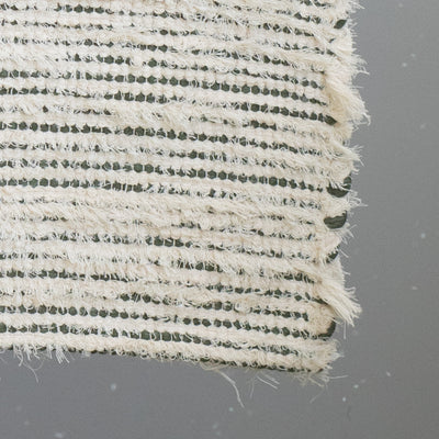 Closeup of a bathroom rug striped with olive green cotton fabric and white terrycloth 