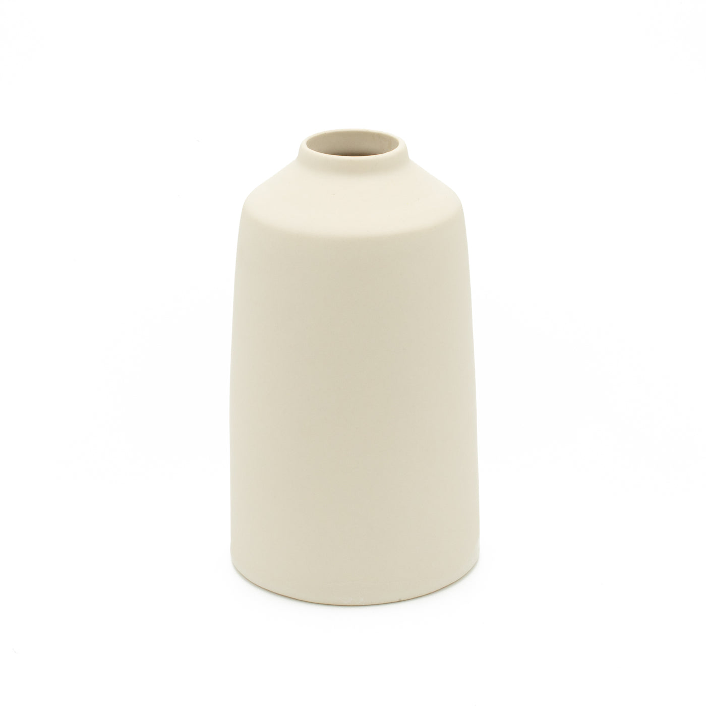 Bottle vase with small opening in beige cropped against a white background