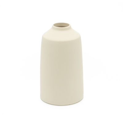 Bottle vase with small opening in beige cropped against a white background