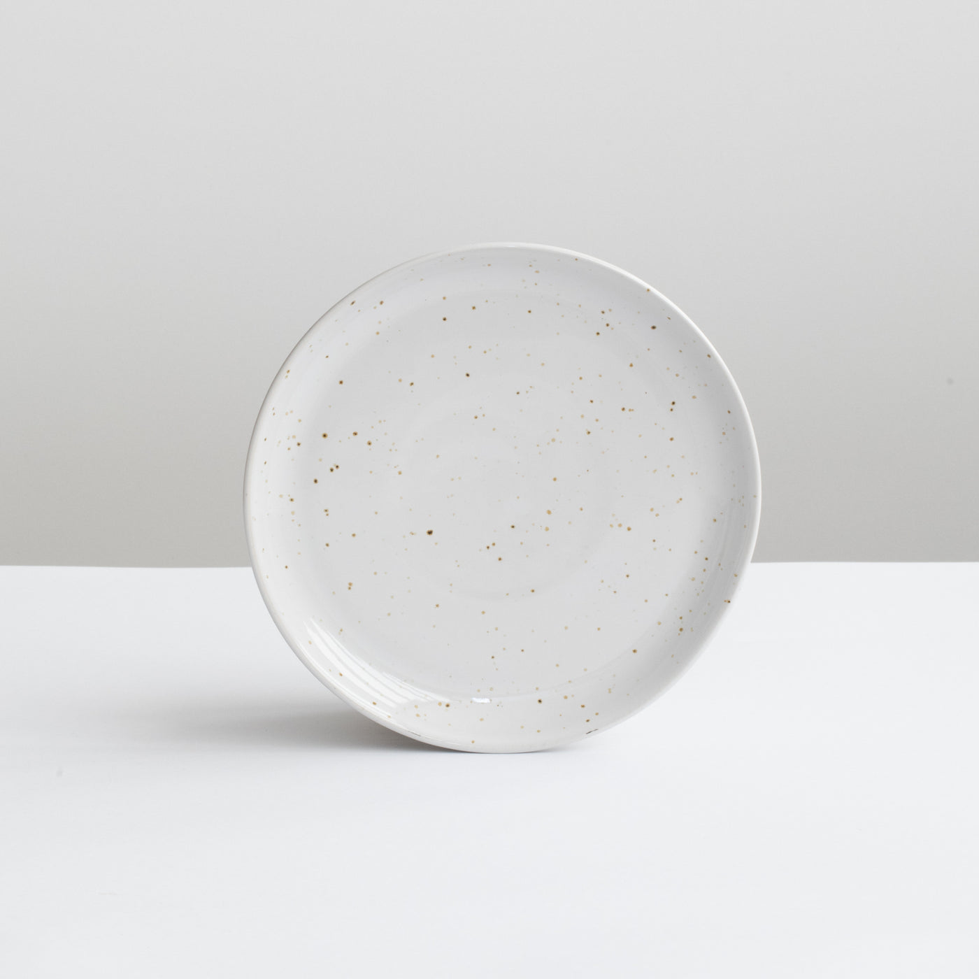 White small starter plate in white with fine golden speckles against a gray background