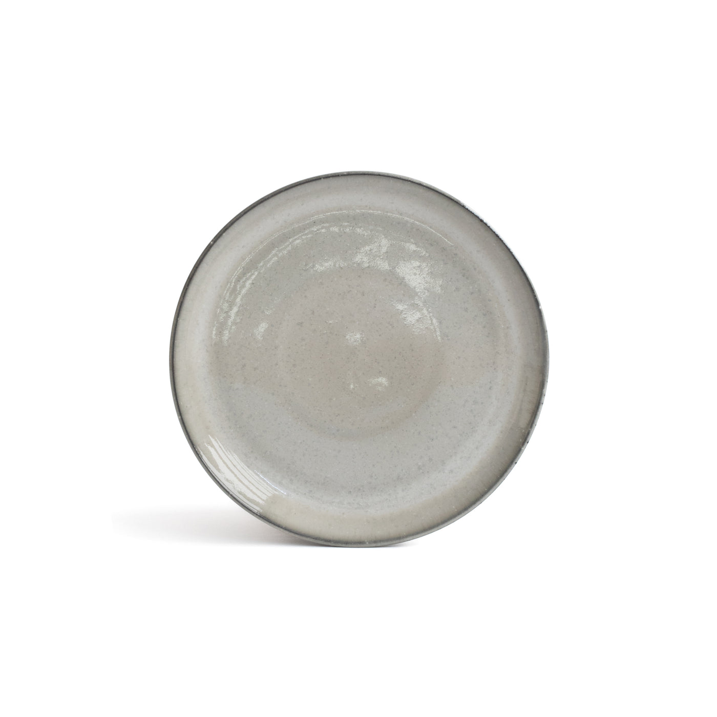 The small light gray plate with a dark gray rim stands detached against a white background