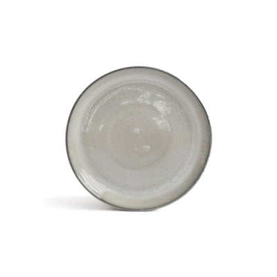 The small light gray plate with a dark gray rim stands detached against a white background