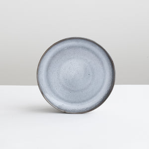 Light blue with dark blue mottled small round plate with dark blue rim against a light gray background
