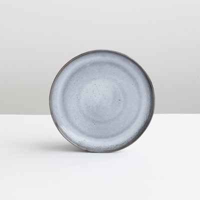 Light blue with dark blue mottled small round plate with dark blue rim against a light gray background