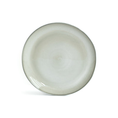Large main course plate in light gray reactive glaze set against a white background