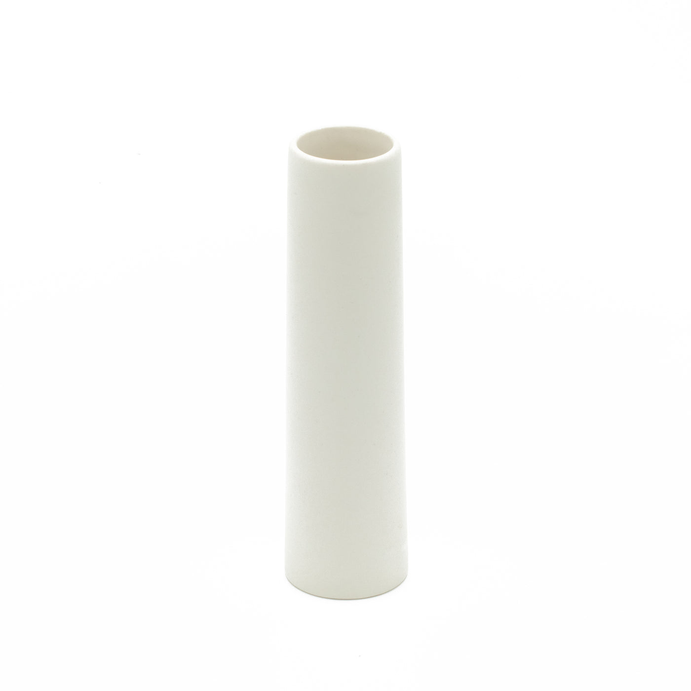 Short narrow vase in beige color cut out in front of white background