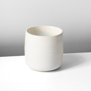 White mug with fine horizontal grooves perfect for a large coffee or tea