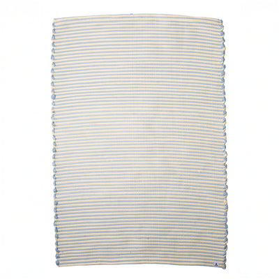Striped two-tone bathroom rug with blue and yellow stripes made from cotton remnants hand-woven in Portugal