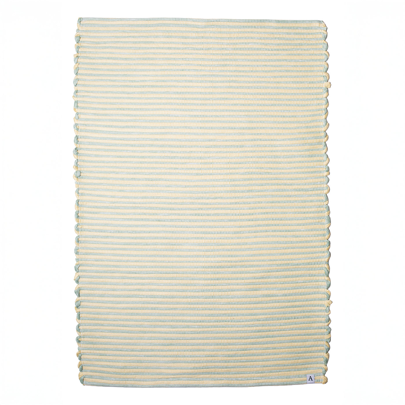 Striped two-tone bathroom rug with yellow and mint green stripes hand-woven in Portugal from cotton remnants