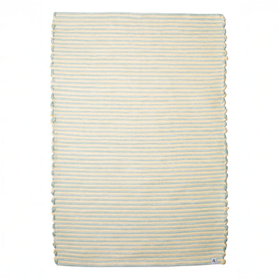 Striped two-tone bathroom rug with yellow and mint green stripes hand-woven in Portugal from cotton remnants
