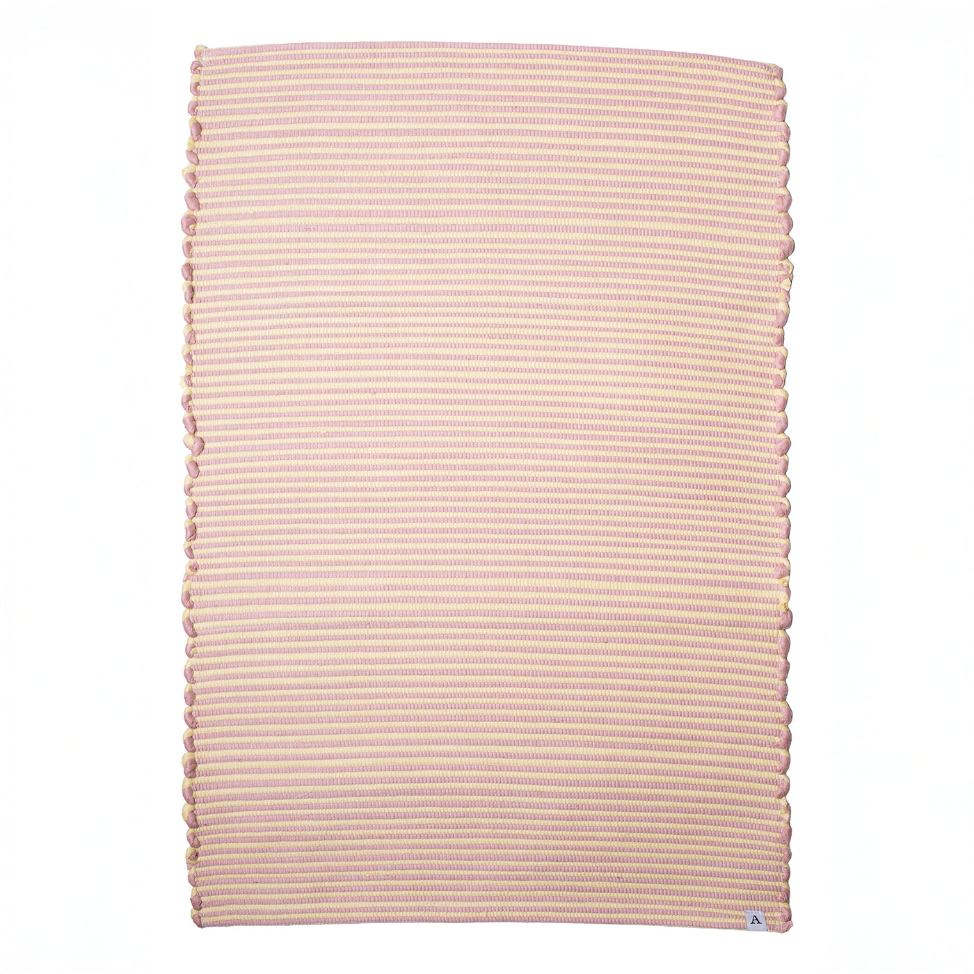Striped two-tone bathroom rug with pink and yellow stripes hand-woven in Portugal