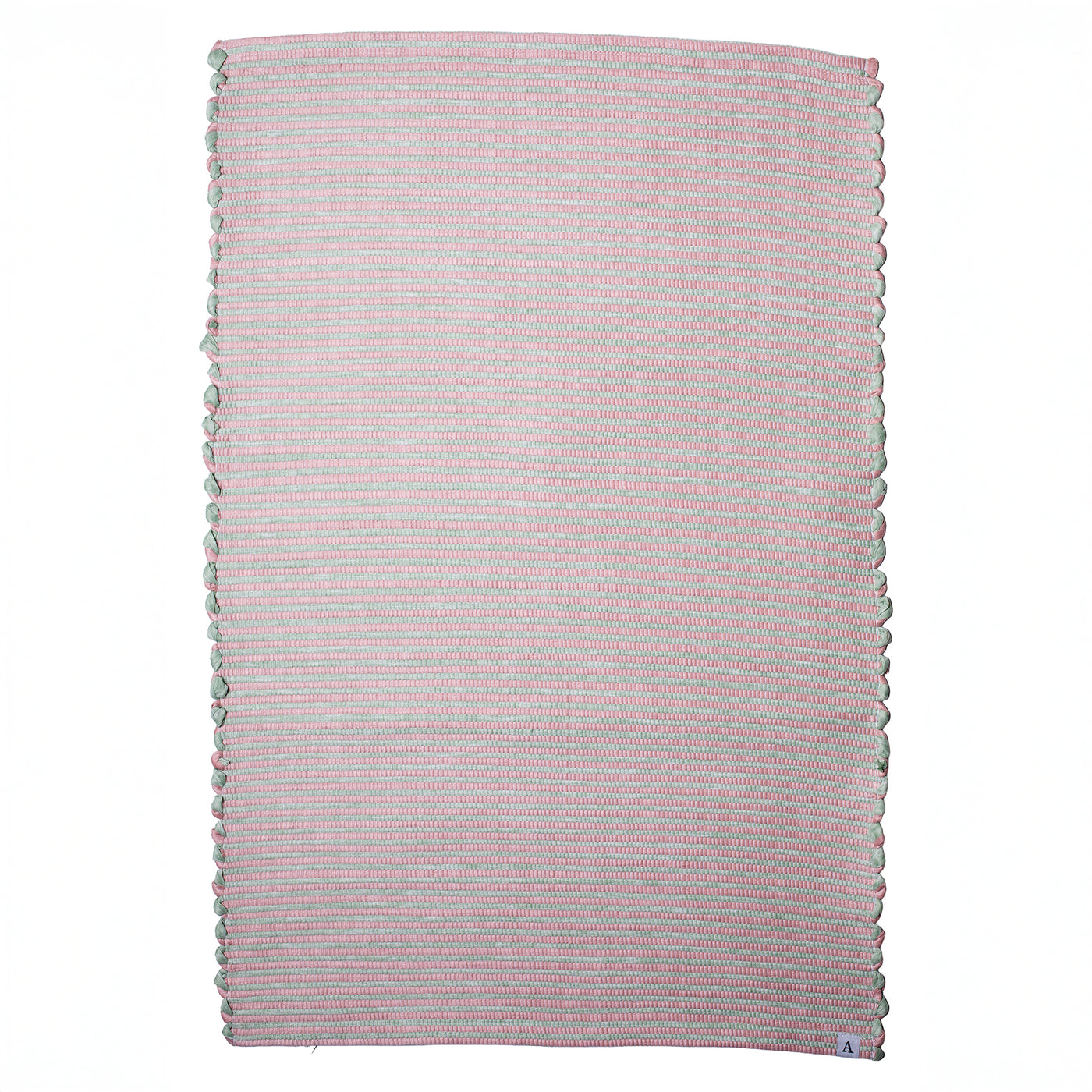 Striped two-tone bathroom rug with pink and mint green stripes hand-woven in Portugal from recycled cotton