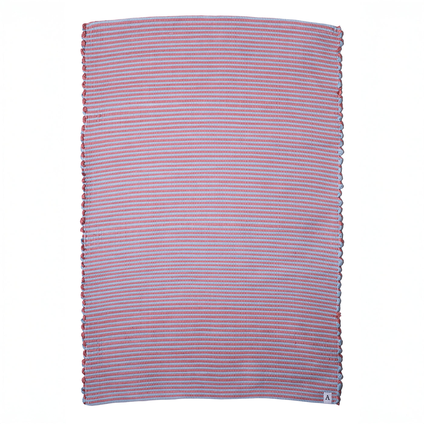Striped two-tone bathroom rug with red and blue stripes hand-woven in Portugal from cotton