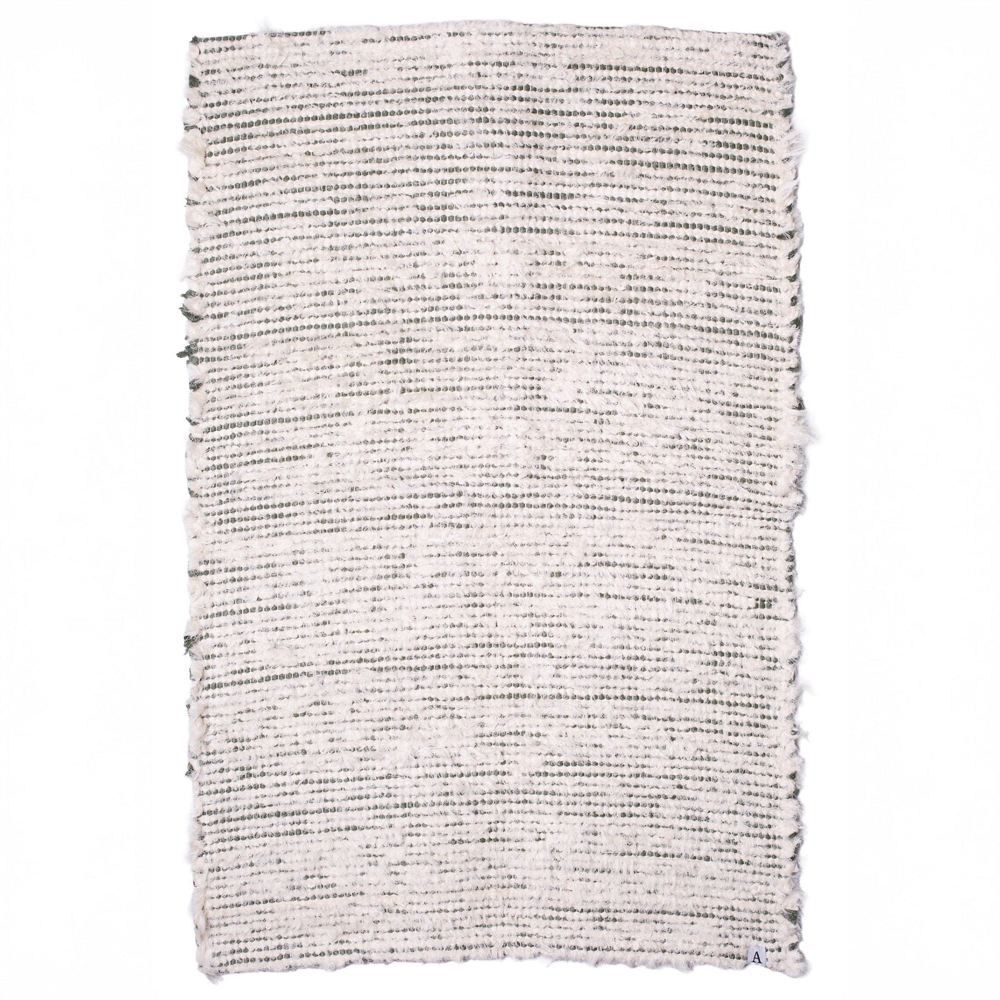 Striped two-tone bathroom rug made of white terrycloth with olive green stripes hand-woven in Portugal