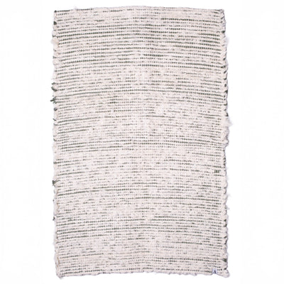 Striped two-tone bathroom rug made of white terrycloth with olive green stripes hand-woven in Portugal