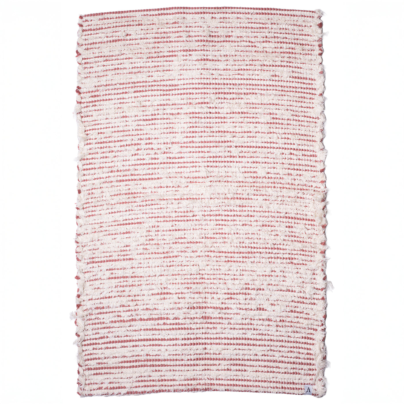Striped two-tone bathroom rug made of white terrycloth with peach-colored stripes hand-woven in Portugal