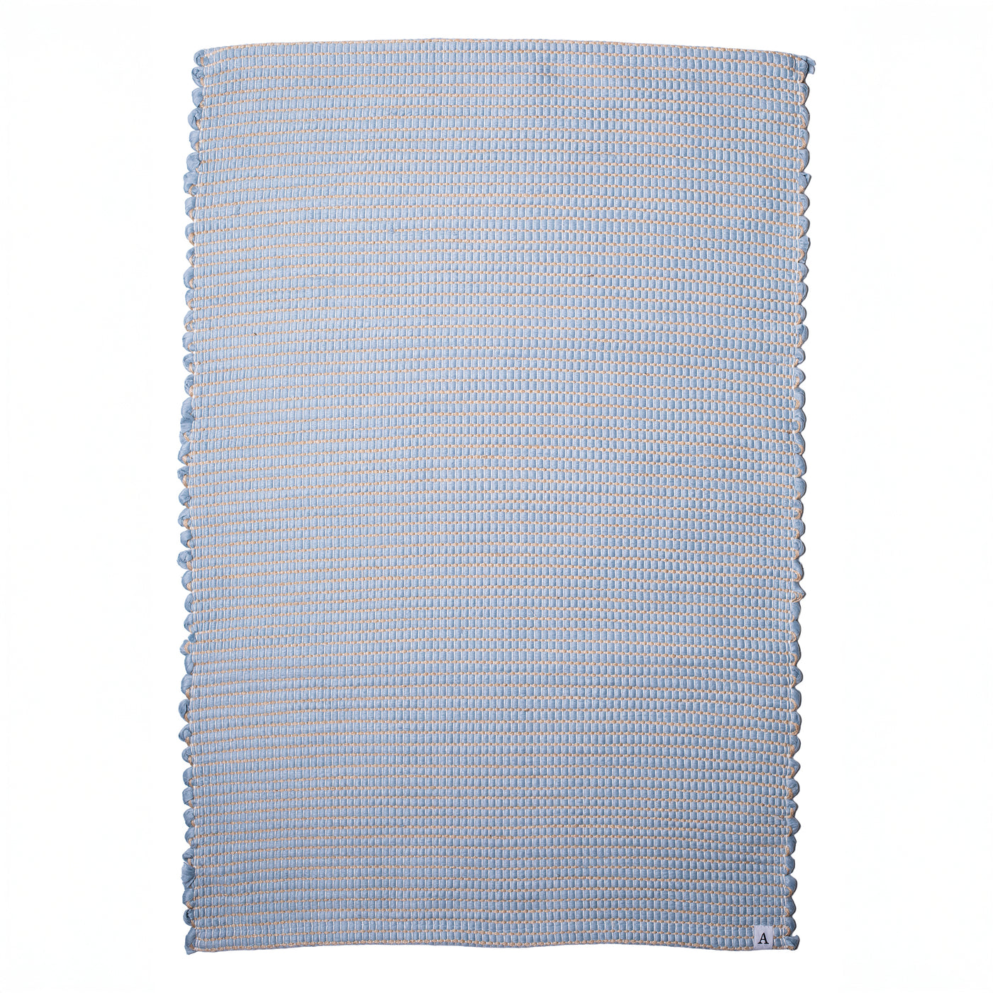 Small jute-striped rug in light blue made from wool remnants hand-woven in Portugal against a white background