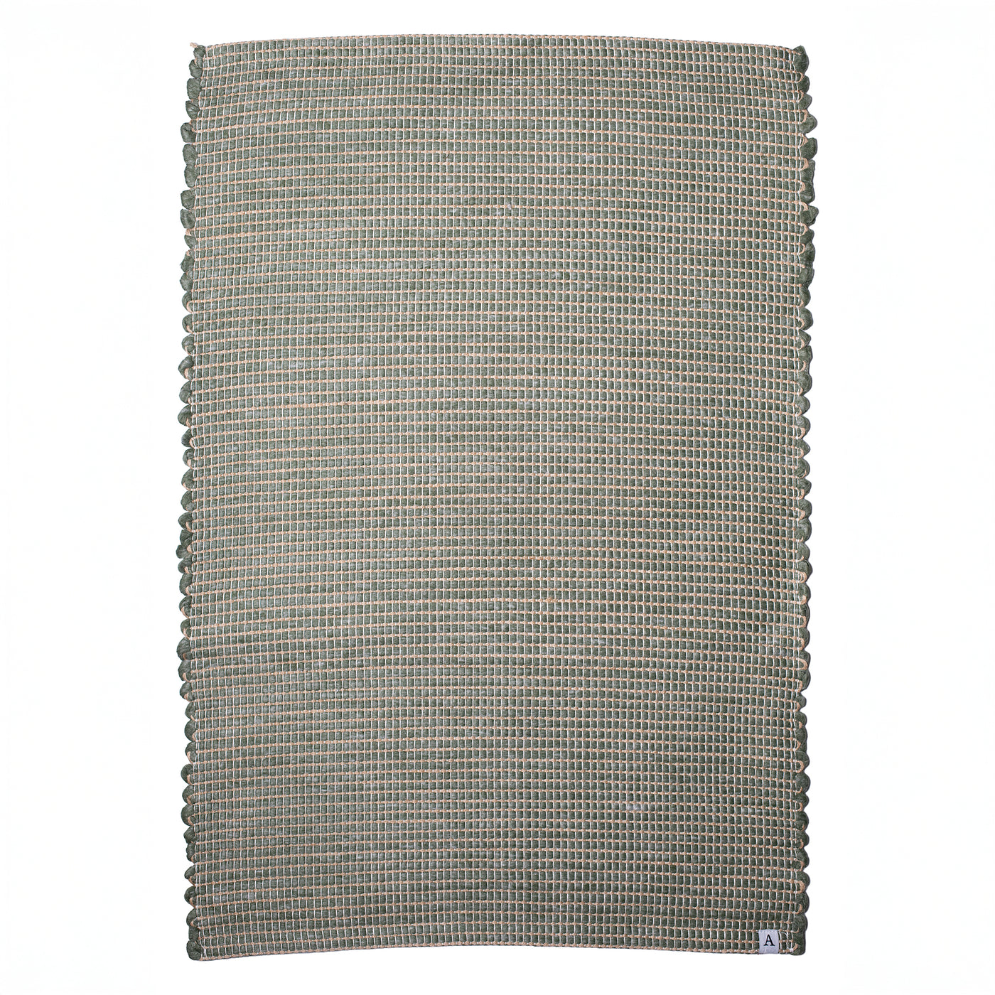 Small jute-striped rug in green made from wool remnants hand-woven in Portugal against a white background