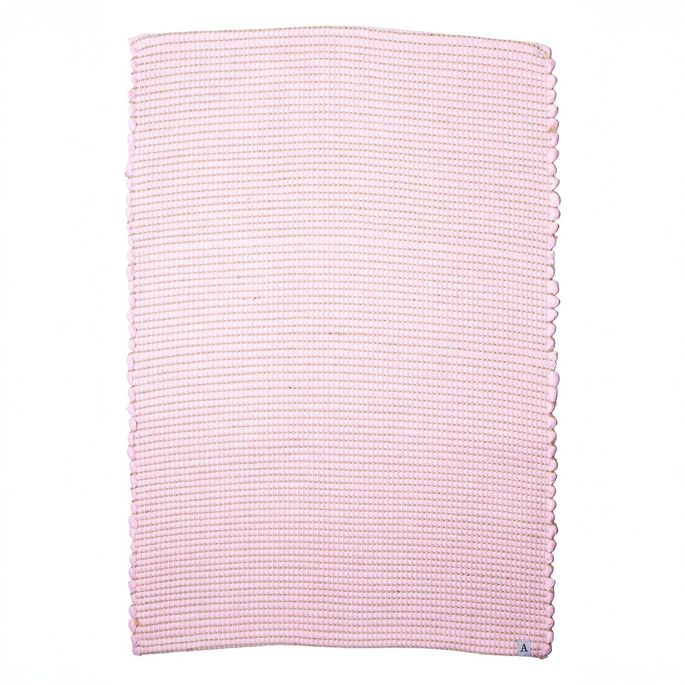 Small jute-striped rug in pink made from wool remnants hand-woven in Portugal against a white background