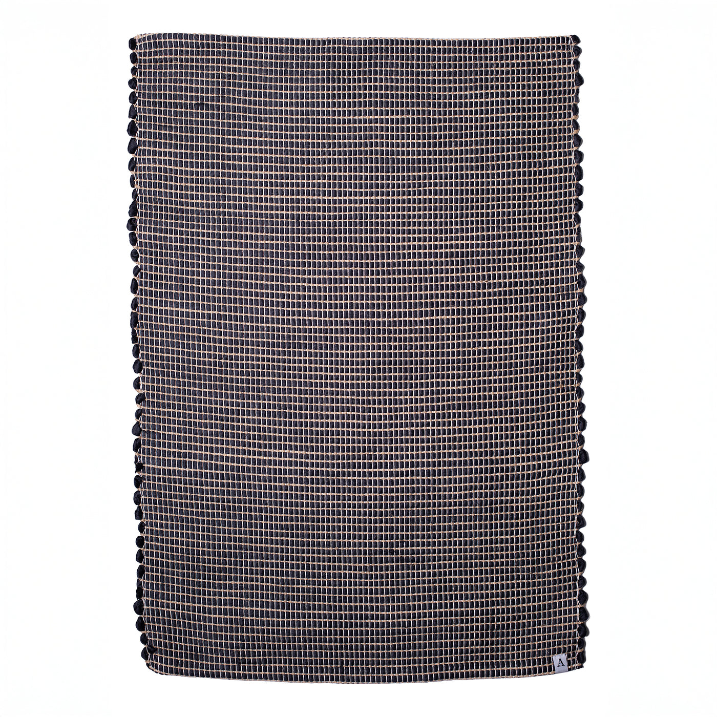 Small jute striped rug in black made from wool remnants hand-woven in Portugal in front of a white background