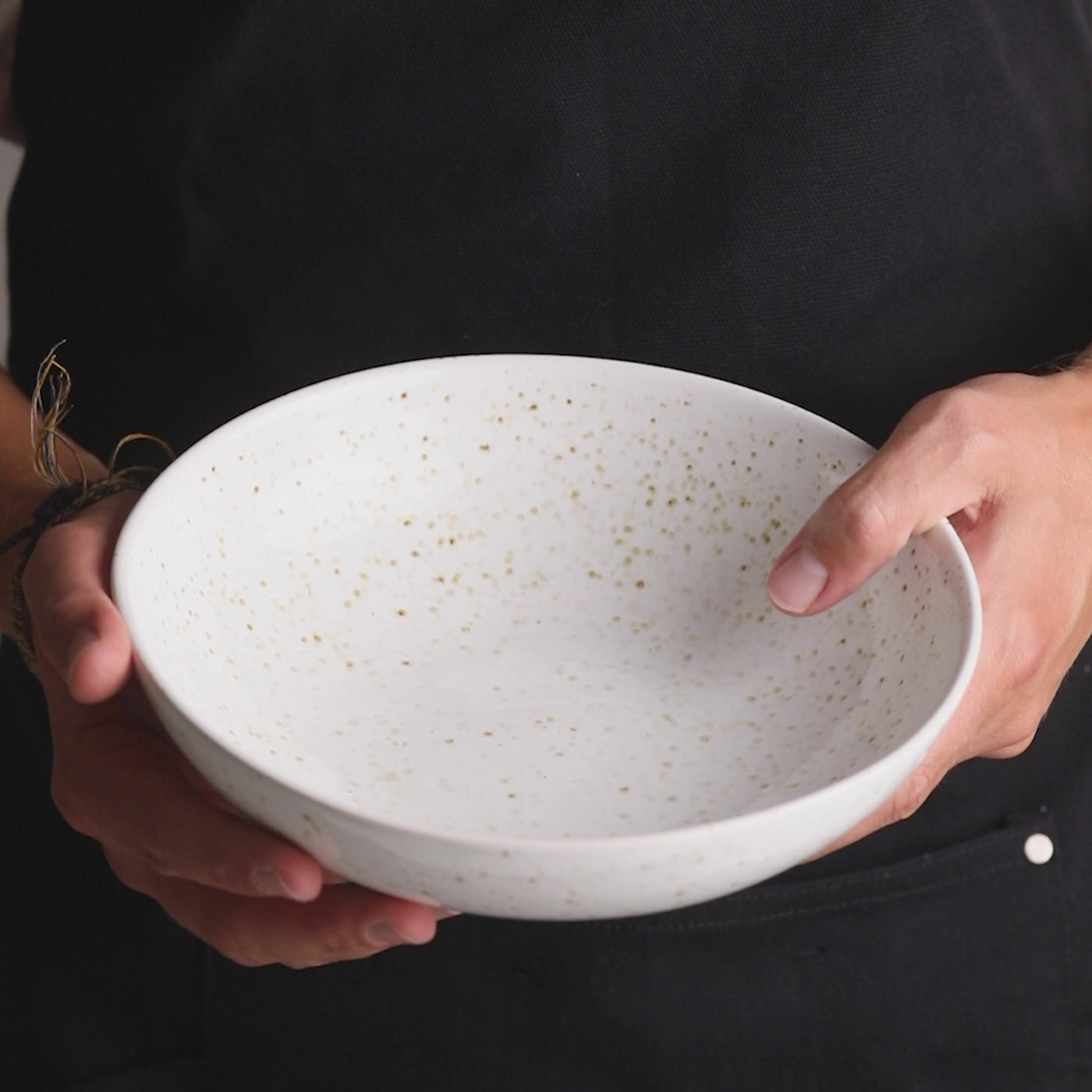 Large round pasta plate stoneware handmade white glaze with spots